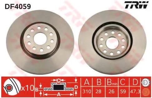 Тормозной диск передний Alfa Romeo 166 TRW DF 4059, D=310 мм