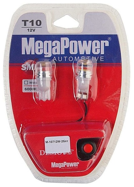 Лампа светодиодная MegaPower M-10712W-2БЛТ t10w (w2,1x9,5d) 1 smd 7080 white 12В