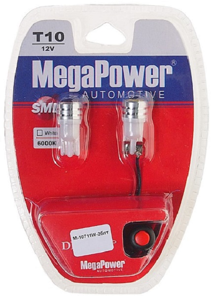Лампа светодиодная MegaPower M-10711W-2БЛТ t10w (w2,1x9,5d) 1 smd 7080 white 12В