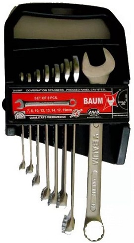 Набор комбинированных ключей отогнутых на 15 градусов BAUM 33-08MP, 7-19 мм, 8 предметов 