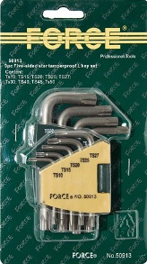 Набор Г-образных ключей Torx 5-ти лучевых с отверстием Force 50913, TS10-TS50, 9 предметов