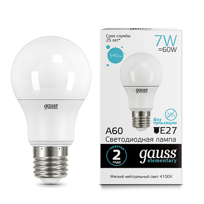 Светодиодная лампа GAUSS 23227A LED Elementary A60 7W E27 540lm 4100K 1/10/100