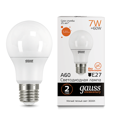 Светодиодная лампа GAUSS 23217A LED Elementary A60 7W E27 520lm 2700K 1/10/100
