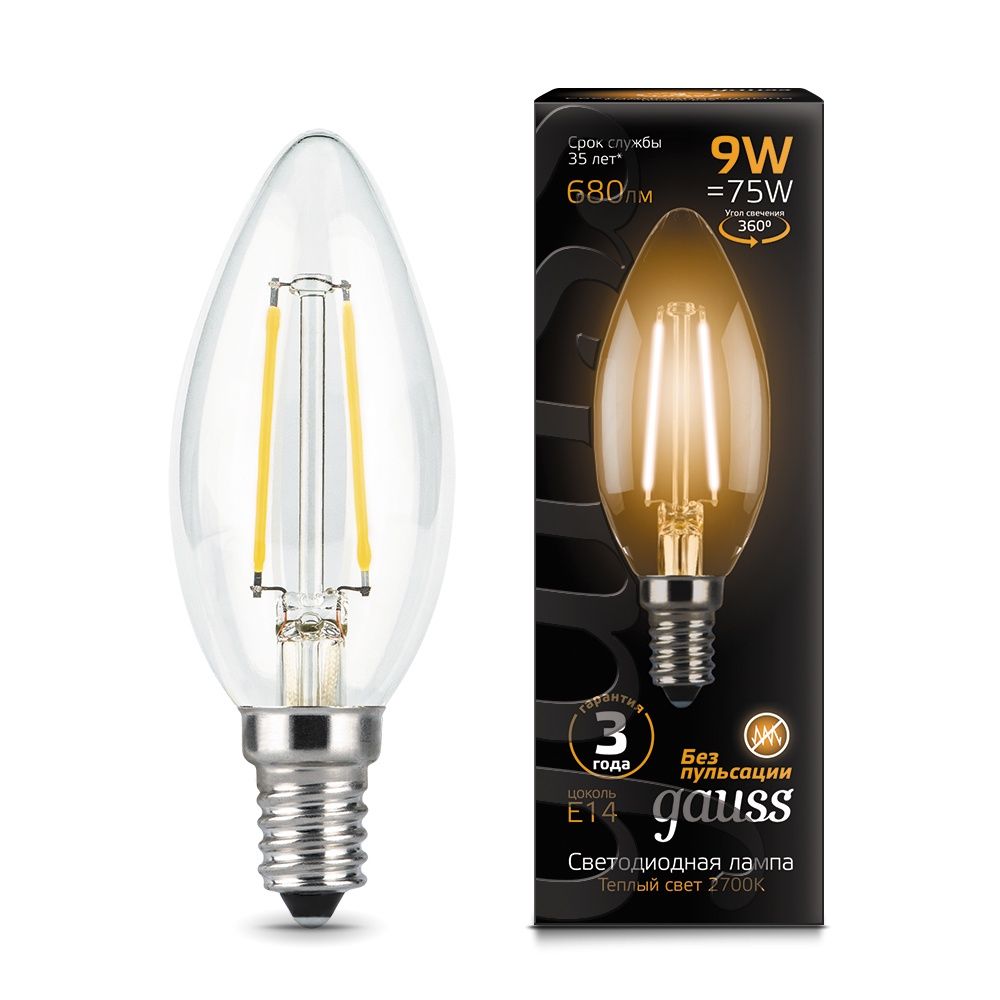 Светодиодная лампа GAUSS 103801109 LED Filament Свеча E14 9W 680lm 2700К 1/10/50