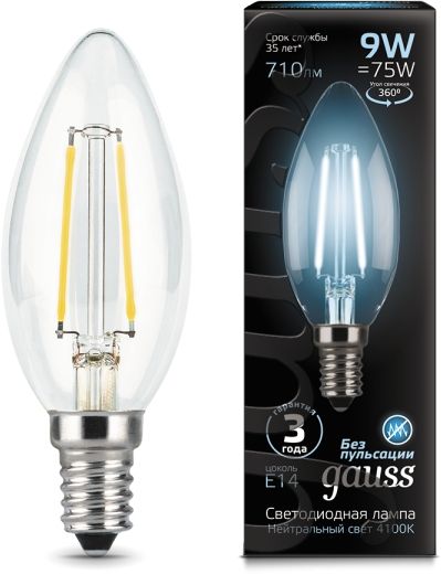 Светодиодная лампа GAUSS 103801209 LED Filament Свеча E14 9W 710lm 4100К 1/10/50
