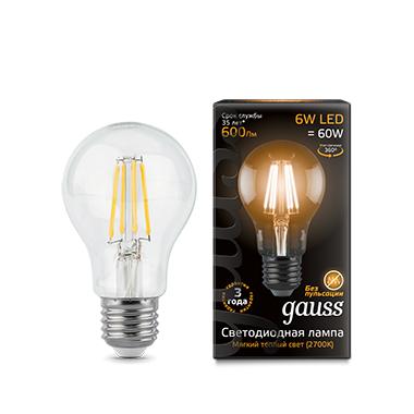 Светодиодная лампа GAUSS 102802106 LED Filament A60 E27 6W 600lm 2700К 1/10/40