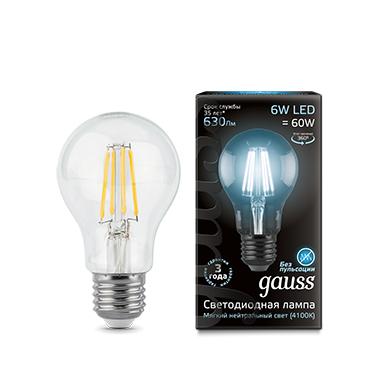 Светодиодная лампа GAUSS 102802206 LED Filament A60 E27 6W 630lm 4100К 1/10/40