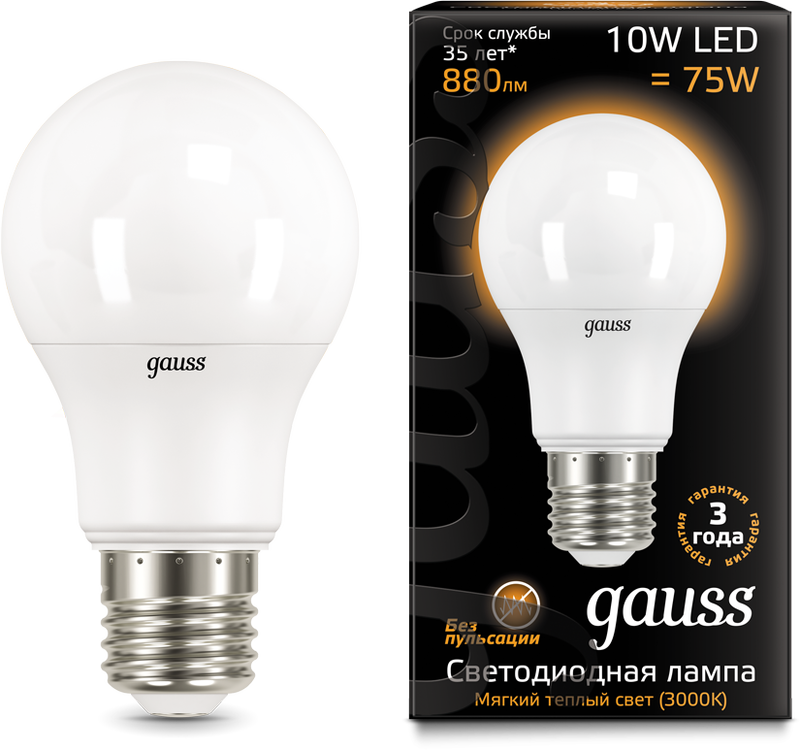 Светодиодная лампа GAUSS 102502110 LED A60 10W E27 880lm 3000K 1/10/50