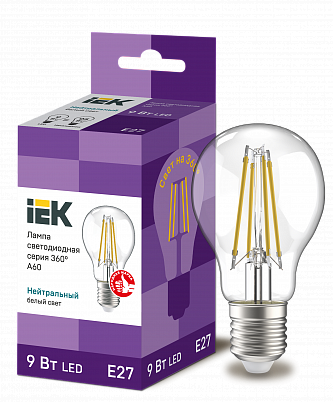 Лампа светодиодная Iek LLF-A60-9-230-40-E27-CL A60 шар прозр. 9Вт 230В 4000К E27 серия 360°