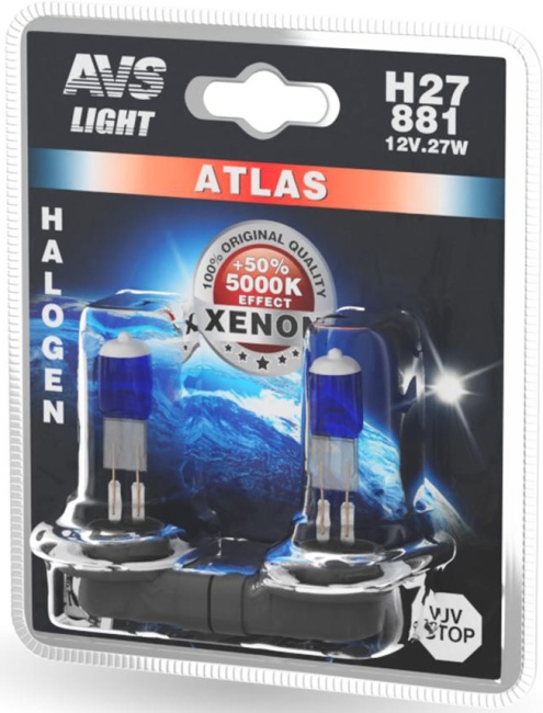 Лампа галогенная AVS ATLAS 5000К, H27/881, 12V, 27W, блистер, 2 штуки