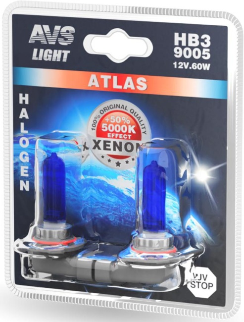 Лампа галогенная AVS ATLAS 5000К, HB3/9005, 12V, 65W, блистер, 2 штуки