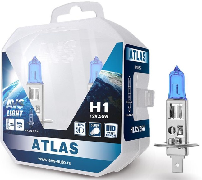 Лампа галогенная AVS ATLAS PB 5000К, H1, 12V, 55W, Plastic box, 2 штуки