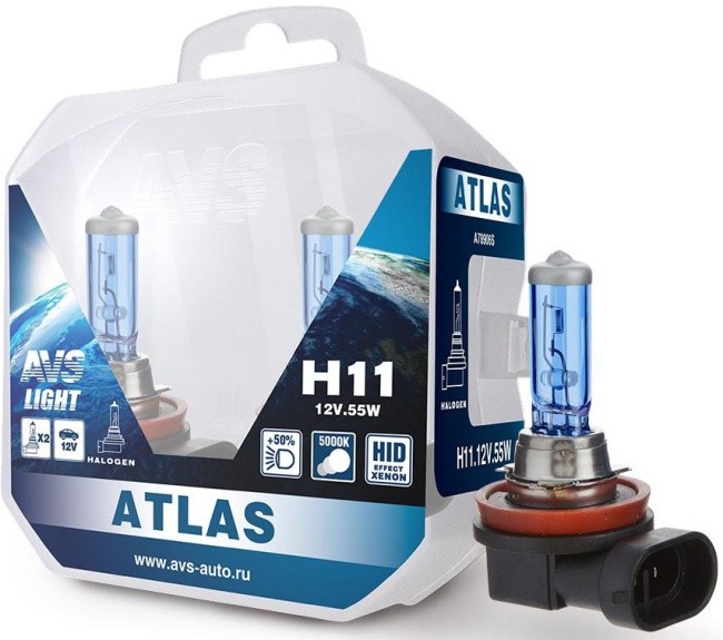 Лампа галогенная AVS ATLAS PB 5000К, H11, 12V, 55W, Plastic box, 2 штуки