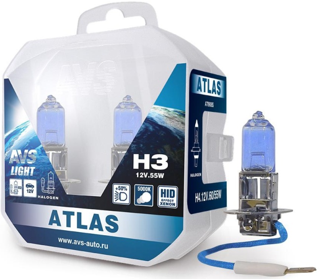 Лампа галогенная AVS ATLAS PB 5000К, H3, 12V, 55W, Plastic box, 2 штуки
