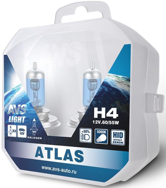 Лампа галогенная AVS ATLAS PB 5000К, H4, 12V, 60/55W, Plastic box, 2 штуки
