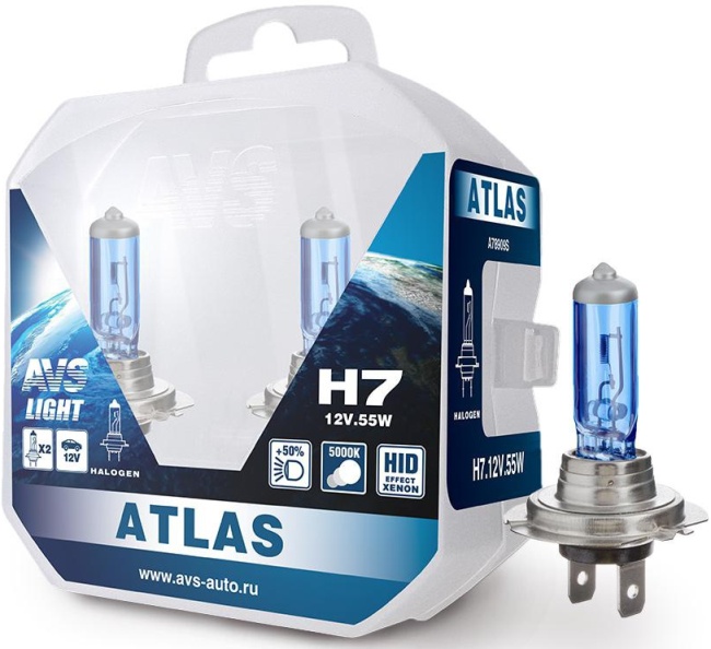 Лампа галогенная AVS ATLAS PB 5000К, H7, 12V, 55W, Plastic box, 2 штуки