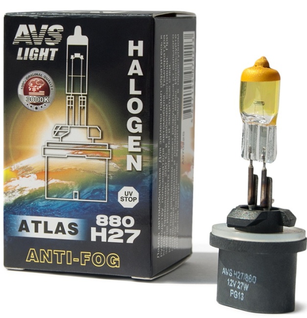 Лампа галогенная AVS ATLAS ANTI-FOG BOX H27/880, 12V, 27W желтый