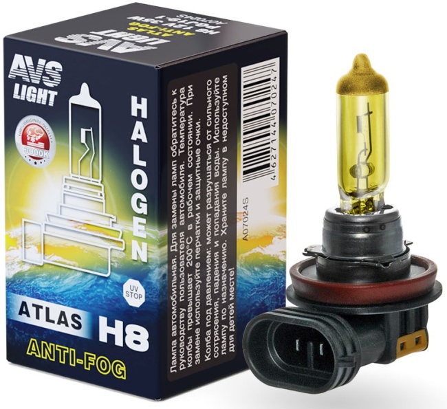 Лампа галогенная AVS ATLAS ANTI-FOG BOX H8, 12V, 35W желтый
