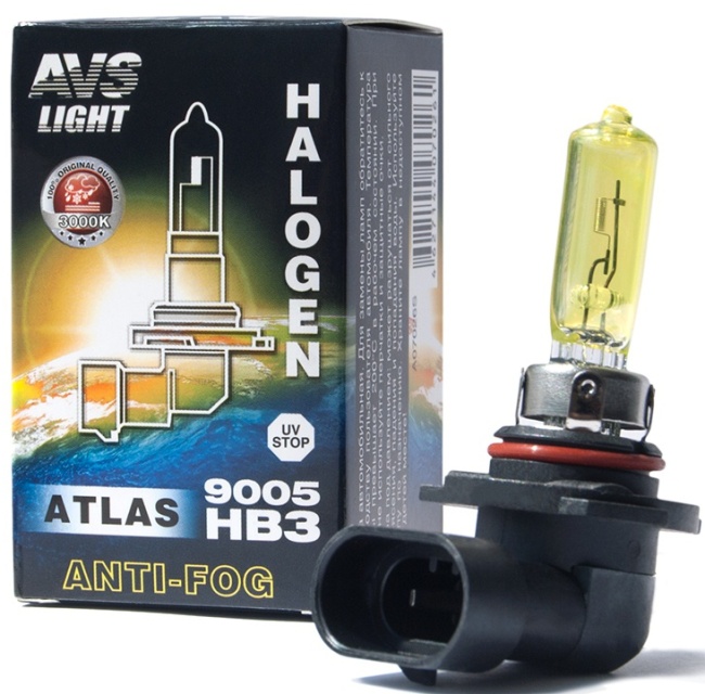 Лампа галогенная AVS ATLAS ANTI-FOG BOX HB3/9005, 12V, 55W желтый