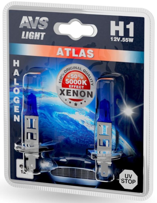 Лампа галогенная AVS ATLAS 5000К,  H1, 12V, 55W блистер, 2 штуки
