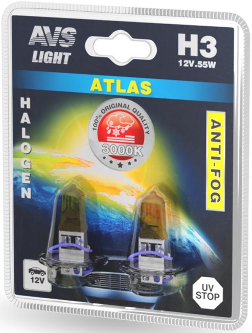 Лампа галогенная AVS ATLAS ANTI-FOG желтый H3, 12V, 55W, блистер, 2 штуки