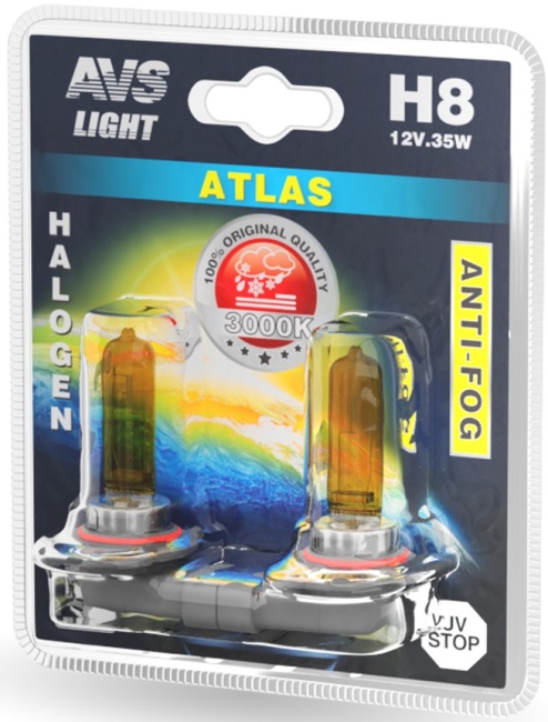 Лампа галогенная AVS ATLAS ANTI-FOG желтый H8, 12V, 35W, блистер, 2 штуки