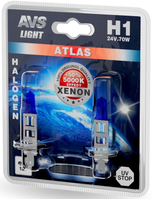 Лампа галогенная AVS ATLAS 5000К, H1, 24V, 70W, блистер, 2 штуки
