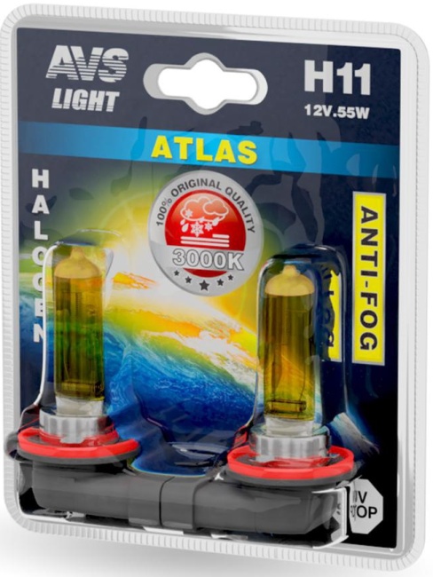 Лампа галогенная AVS ATLAS ANTI-FOG желтый H11, 12V, 55W, блистер, 2 штуки