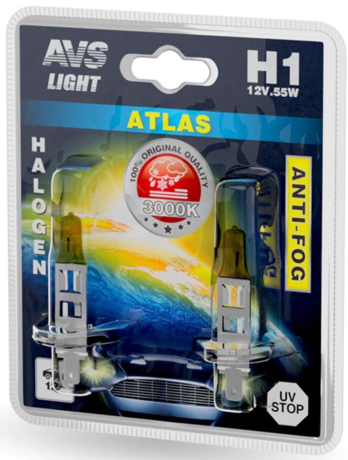 Лампа галогенная AVS ATLAS ANTI-FOG желтый H1, 12V, 55W, блистер, 2 штуки