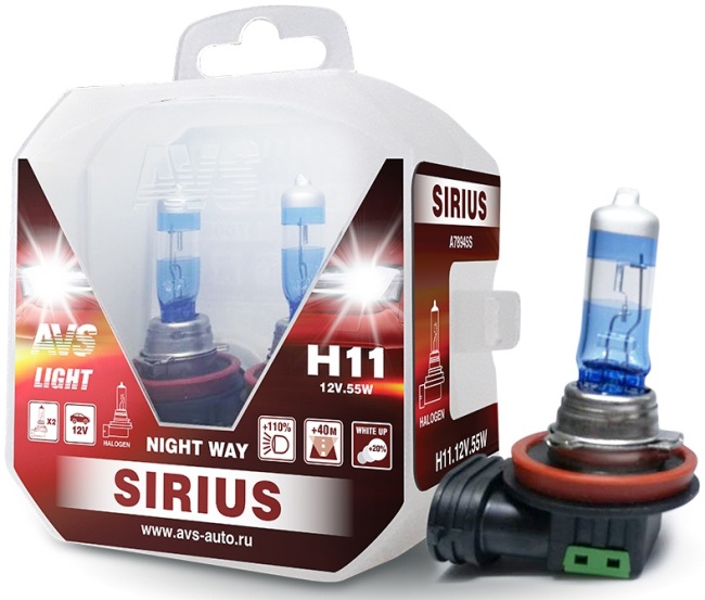 Лампа галогенная AVS SIRIUS NIGHT WAY H11, 12V, 55W, Plastic box, 2 штуки
