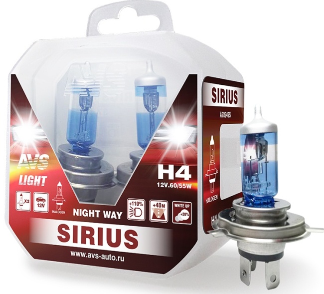 Лампа галогенная AVS SIRIUS NIGHT WAY H4, 12V, 60/55W, Plastic box, 2 штуки