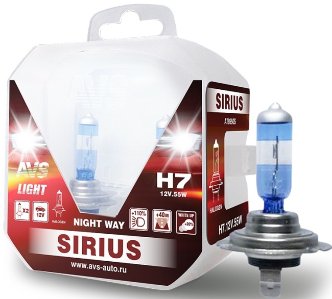 Лампа галогенная AVS SIRIUS NIGHT WAY H7, 12V, 55W, Plastic box, 2 штуки