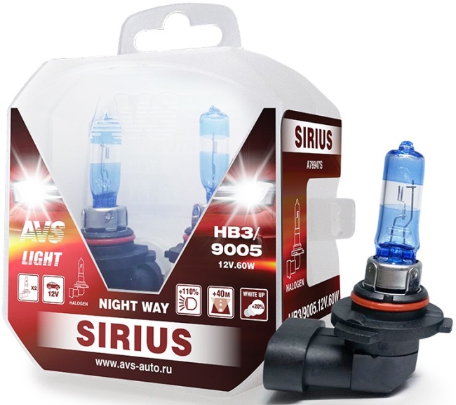 Лампа галогенная AVS SIRIUS NIGHT WAY HB3/9005, 12V, 65W, Plastic box, 2 штуки