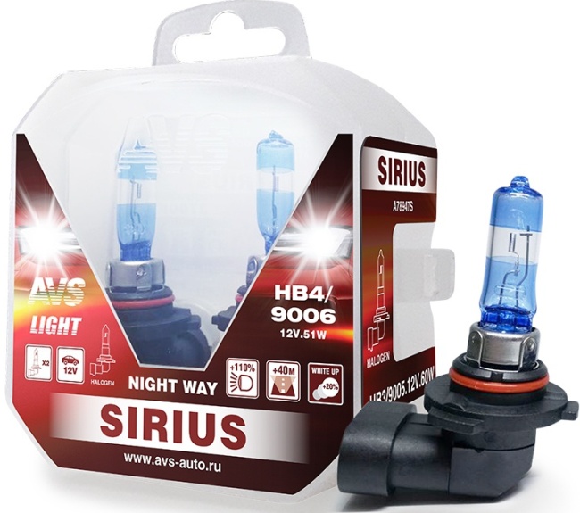 Лампа галогенная AVS SIRIUS NIGHT WAY HB4/9006, 12V, 55W, Plastic box, 2 штуки