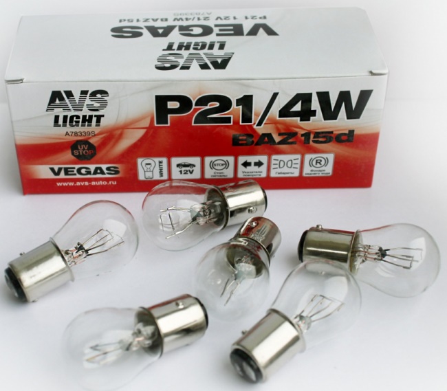 Лампа AVS Vegas P21/4W (BAZ15d) смещенный штифт, 12V, коробка 10 штук