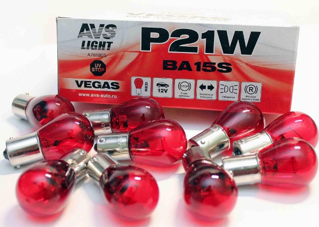 Лампа AVS Vegas P21W (BA15S) Red 12V, коробка 10 штук