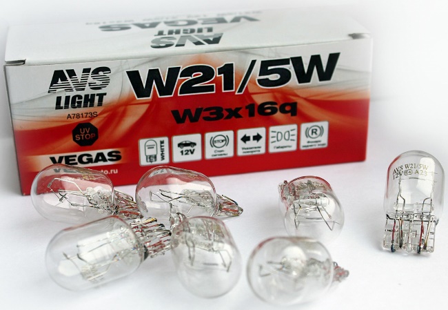 Лампа AVS Vegas W21/5W (W3x16q) 12V, коробка 10 штук