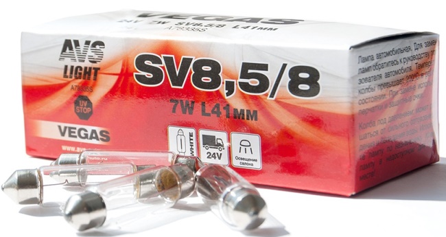 Лампа AVS Vegas 7W (SV8.5/8) 41 мм, 24V, коробка 10 штук