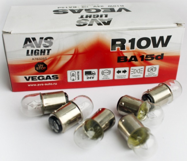 Лампа AVS Vegas R10W (BA15d) 24V, коробка 10 штук