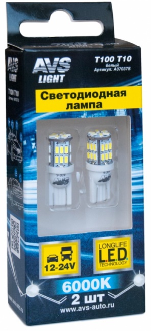 Лампа светодиодная T10 T100 белый (W2.1x9.5D) 30SMD 3014, 9-30V, W5 коробка 2 штуки