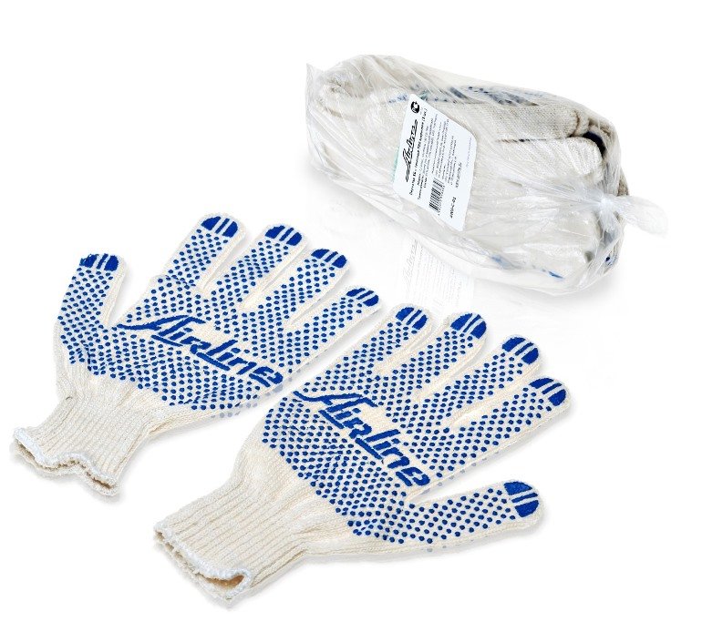 Перчатки ХБ с ПВХ покрытием AIRLINE AWG-C-01 белые (5 пар, 150Т/7, 5 класс)