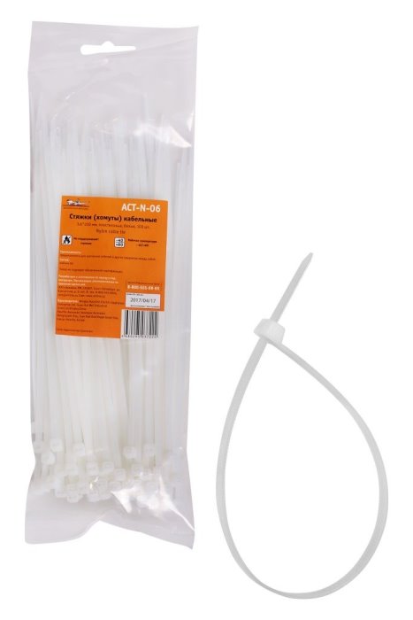 Стяжки (хомуты) кабельные AIRLINE ACT-N-06 (3.6х200 мм, пластиковые, белые, 100 штук)