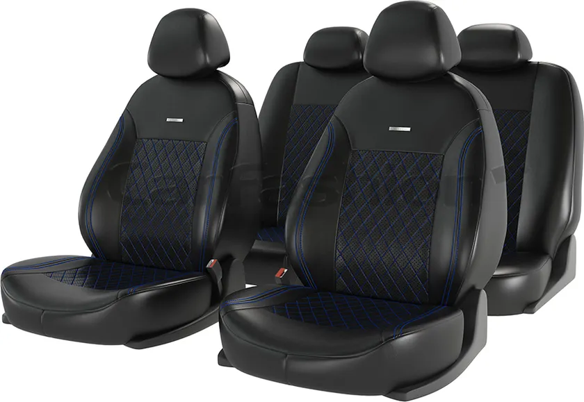 Чехлы универсальные CarFashion Atom Leather Ромб на сидения авто, цвет Черный/Черный/Синий