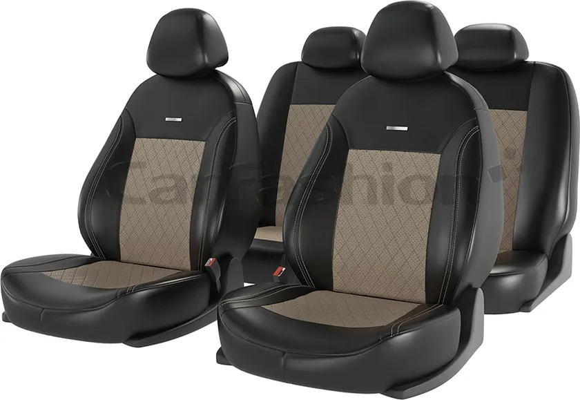 Чехлы универсальные CarFashion Atom Leather Ромб на сидения авто, цвет Черный/Бежевый/Бежевый