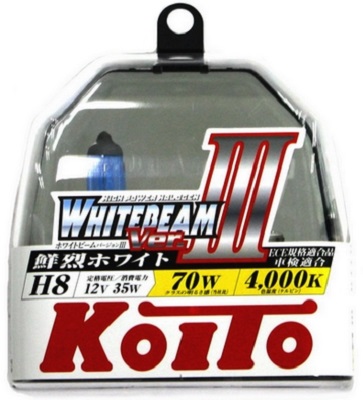 Лампа галогенная Koito P0758W Whitebeam H8, 12V, 35W (70W) 4000K, комплект 2 шт.