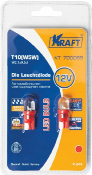 Светодиод Kraft KT 700059 t10 w5w (w2.1x9.5d) 12v red 2 шт. 