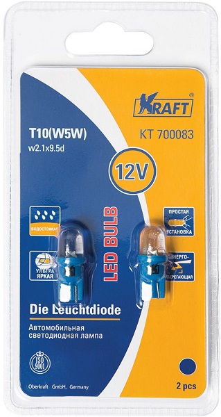 Светодиод Kraft KT700083 t10 w5w (w2.1x9.5d) 12v blue 2 шт.