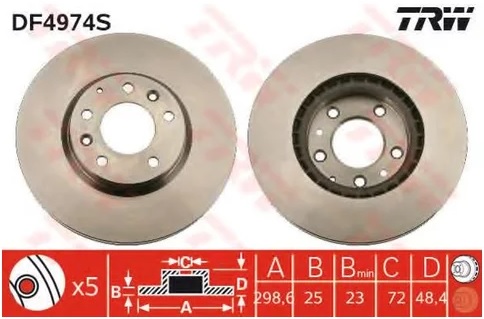 Диск тормозной передний Mazda 6 TRW DF 4974S, D=299 мм
