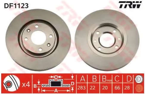 Тормозной диск передний CITROEN Xantia, Xsara, ZX, Peugeot 306, 405 TRW DF 1123, D=283 мм