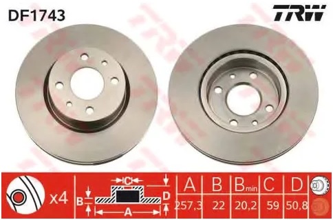 Тормозной диск передний Fiat Croma TRW DF 1743, D=257.5 мм